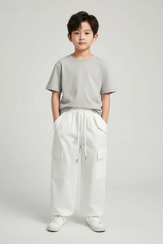 Pantalon Fluide Cargo Blanc Coton Ample Décontracté Enfant