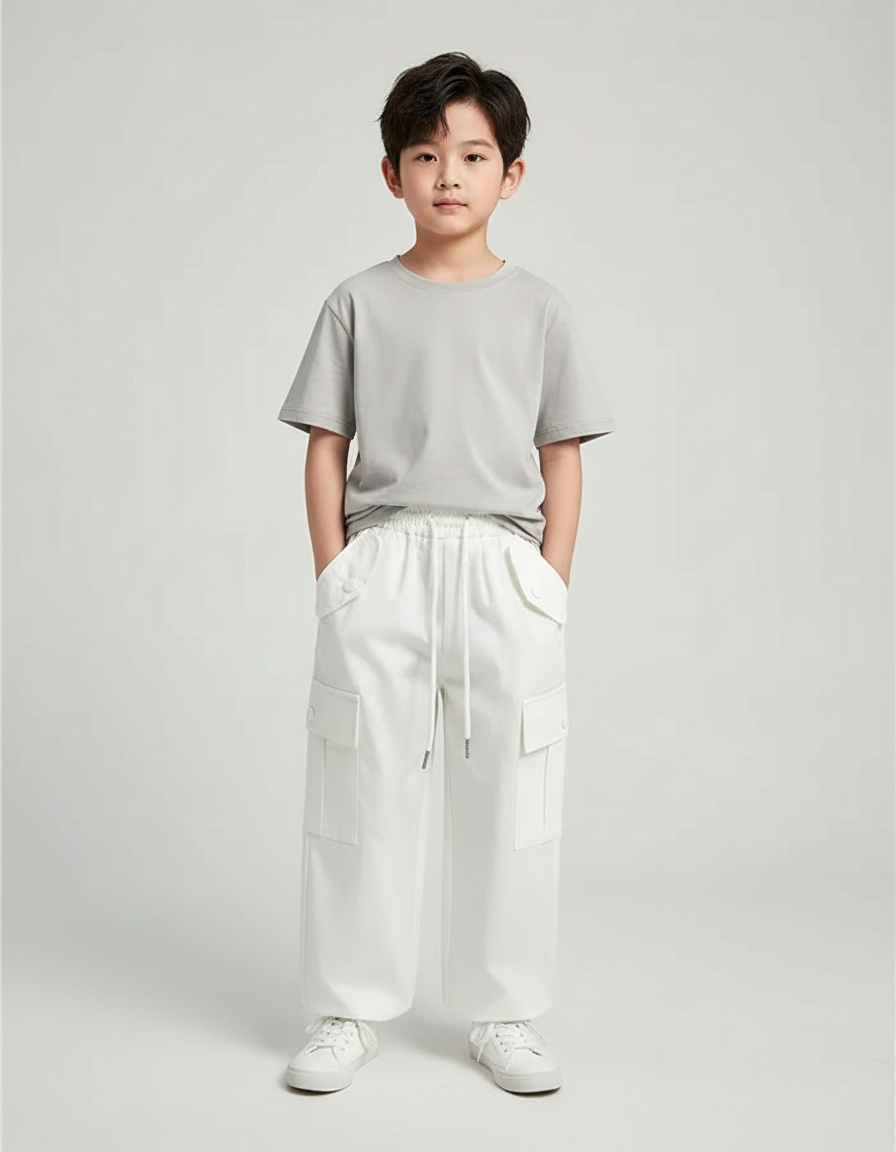 Pantalon Fluide Cargo Blanc Coton Ample Décontracté Enfant