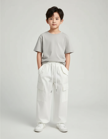 Pantalon Fluide Cargo Blanc Coton Ample Décontracté Enfant