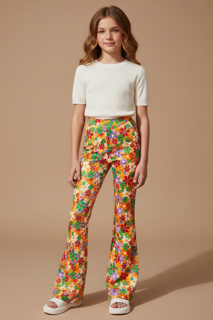 Pantalon Fluide Imprimé Floral Évasé Coloré Fille - Multicolore Viscose