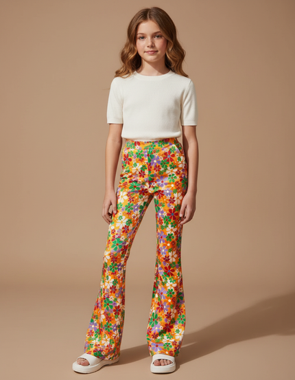 Pantalon Fluide Imprimé Floral Évasé Coloré Fille - Multicolore Viscose