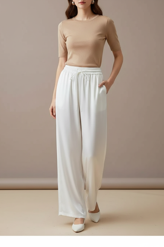 Pantalon Fluide Blanc Ample Satiné Taille Élastique