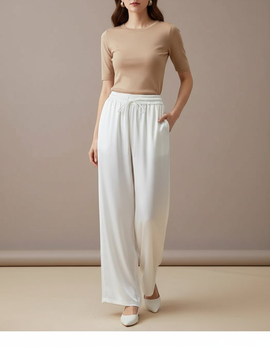 Pantalon Fluide Blanc Ample Satiné Taille Élastique