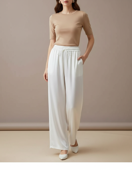 Pantalon Fluide Blanc Ample Satiné Taille Élastique