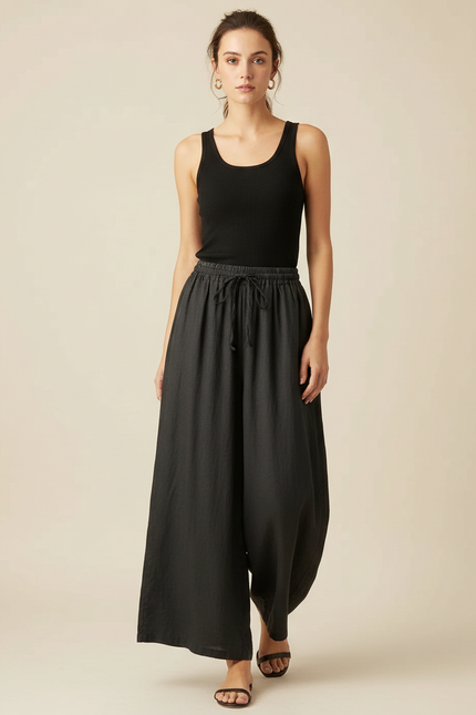 Pantalon Fluide Noir Ample Cordon Lin Décontracté