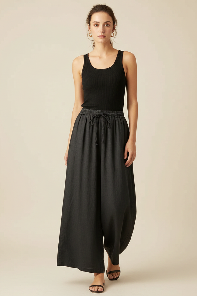Pantalon Fluide Noir Ample Cordon Lin Décontracté