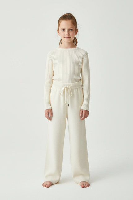 Pantalon Fluide Écru Laine Ample Décontracté Enfant - Beige