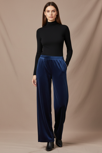 Pantalon Fluide Bleu Velours Ample Élégant Femme - Marine