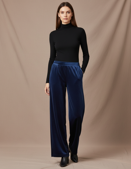 Pantalon Fluide Bleu Velours Ample Élégant Femme - Marine