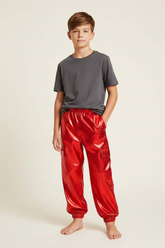 Pantalon Fluide Rouge Métallique Brillant Cargo Enfant - Polyester