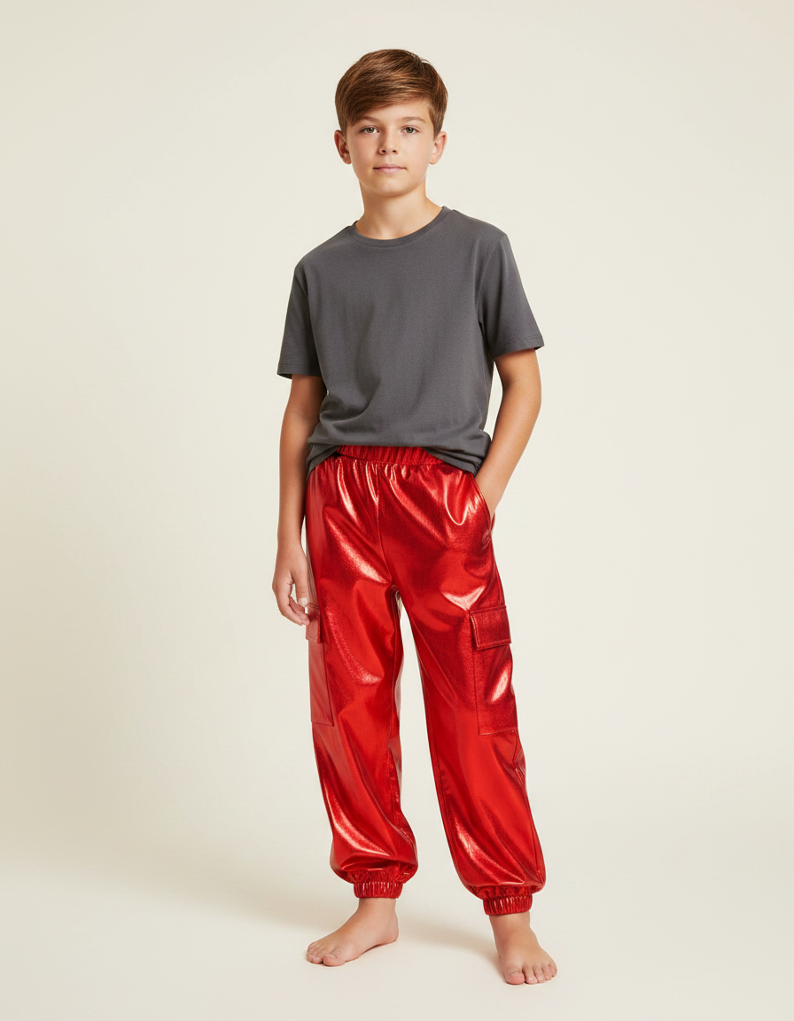Pantalon Fluide Rouge Métallique Brillant Cargo Enfant - Polyester