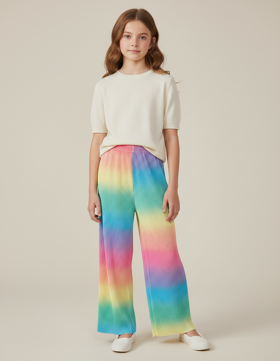 Pantalon Fluide Plissé Arc-en-ciel Ample Confortable Enfant - Multicolore Polyester