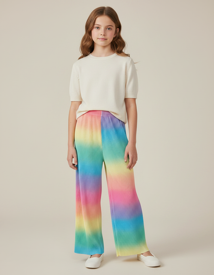 Pantalon Fluide Plissé Arc-en-ciel Ample Confortable Enfant - Multicolore Polyester