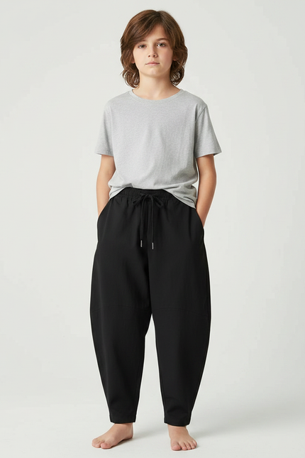 Pantalon Fluide Noir Ample Casual Enfant Cordon - Viscose