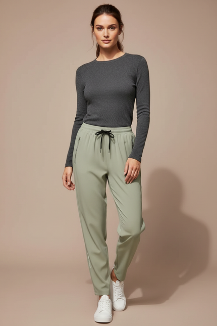 Pantalon Fluide Vert Ample Sport Cordon Femme - Kaki Polyester