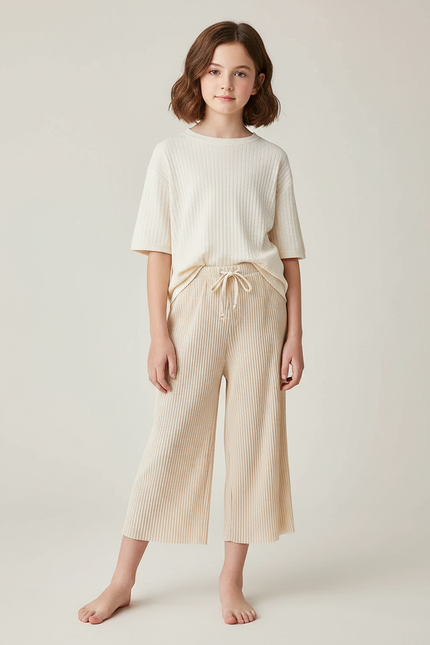 Pantalon Fluide Écru Côtelé Ample Décontracté Enfant - Beige Maille