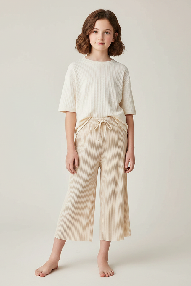 Pantalon Fluide Écru Côtelé Ample Décontracté Enfant - Beige Maille