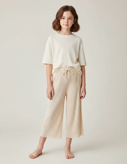 Pantalon Fluide Écru Côtelé Ample Décontracté Enfant - Beige Maille