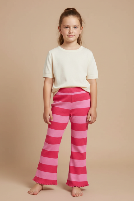 Pantalon Fluide Rayé Rose Évasé Tricoté Fille - Maille