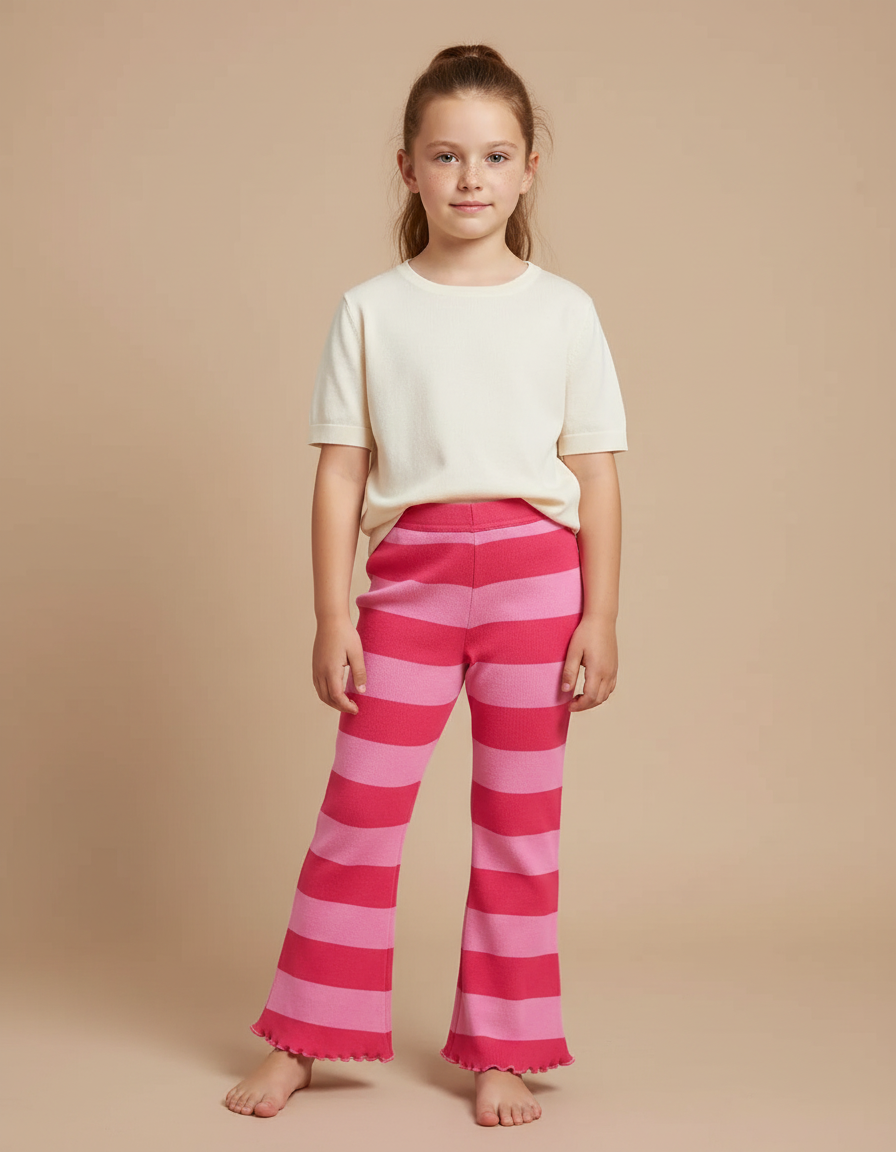 Pantalon Fluide Rayé Rose Évasé Tricoté Fille - Maille