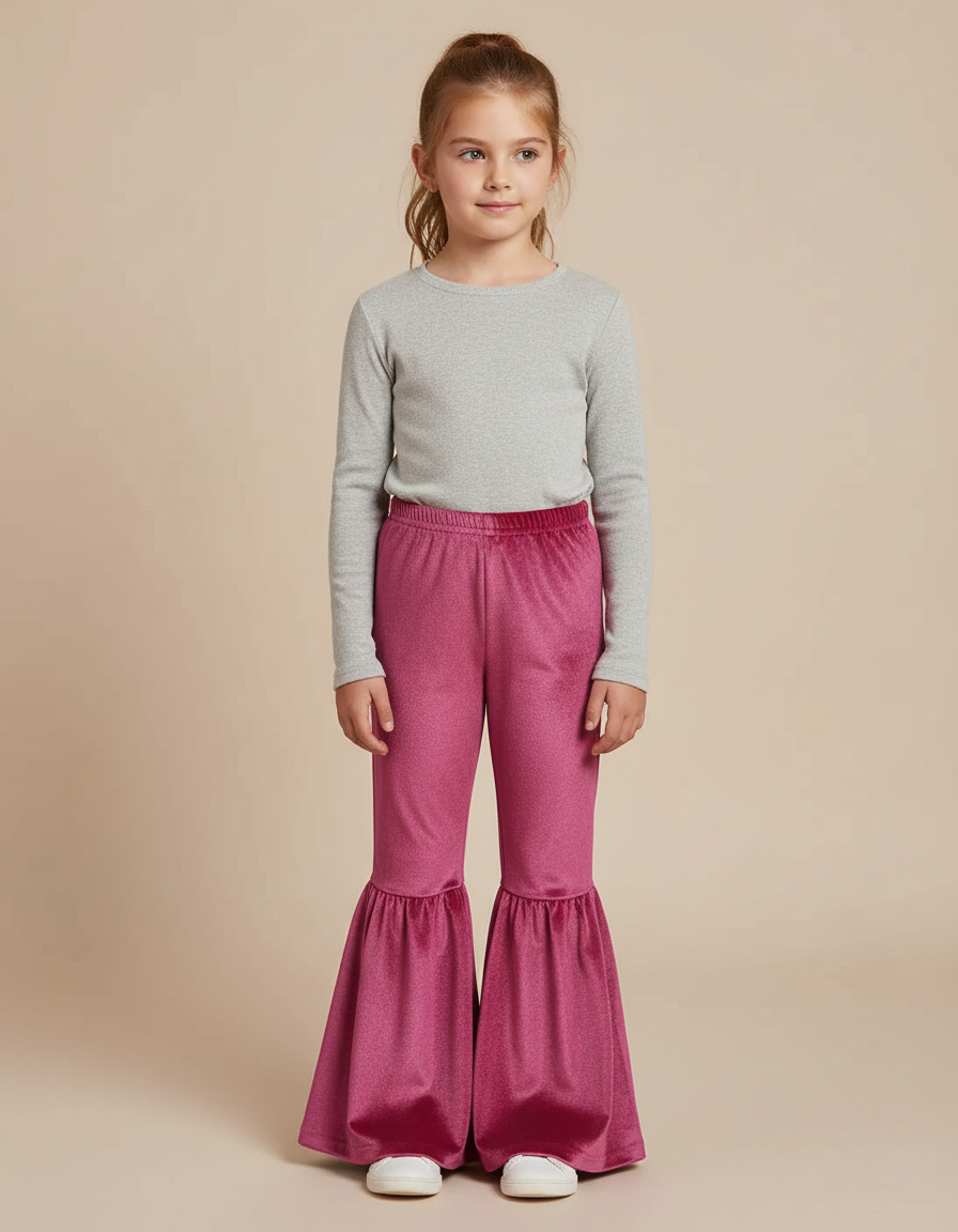 Pantalon Fluide Rose Velours Évasé Enfant Brillant