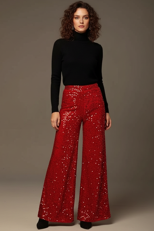 Pantalon Fluide Rouge Paillettes Ample Évasé Élégant - Polyester