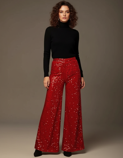 Pantalon Fluide Rouge Paillettes Ample Évasé Élégant - Polyester
