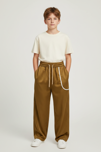 Pantalon Fluide Marron Satiné Ample Décontracté Sportif - Kaki