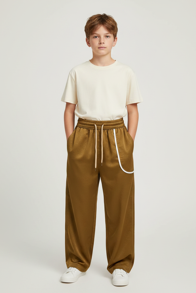 Pantalon Fluide Marron Satiné Ample Décontracté Sportif - Kaki