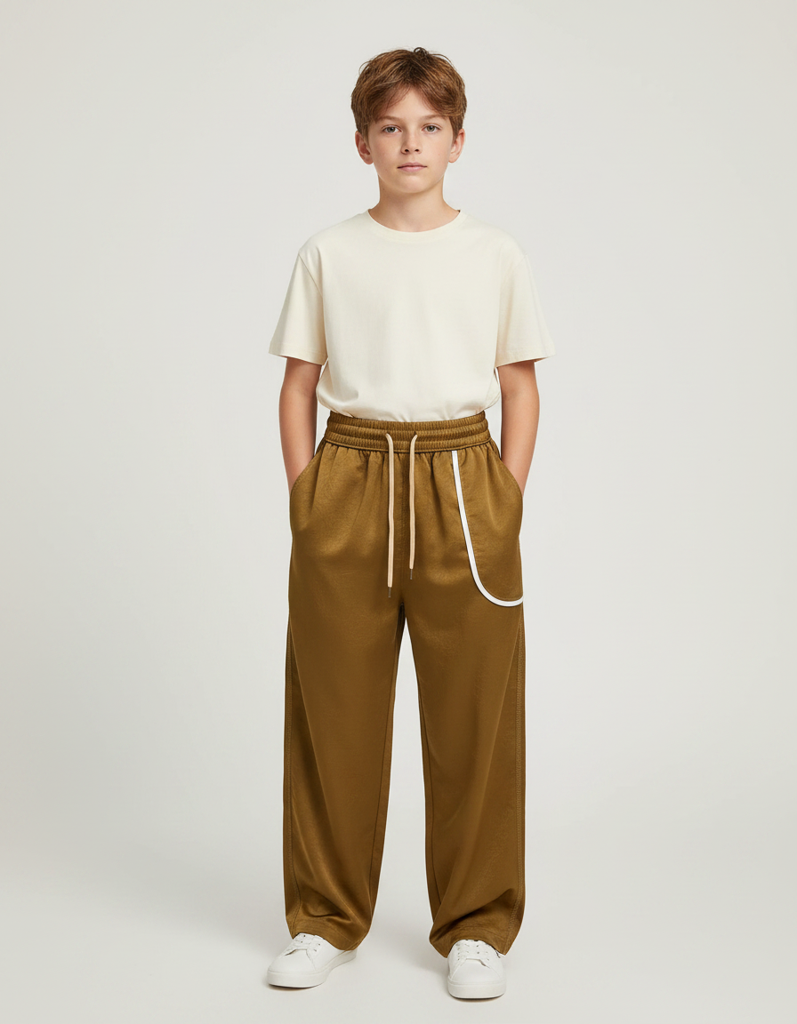 Pantalon Fluide Marron Satiné Ample Décontracté Sportif - Kaki