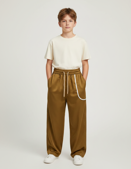 Pantalon Fluide Marron Satiné Ample Décontracté Sportif - Kaki