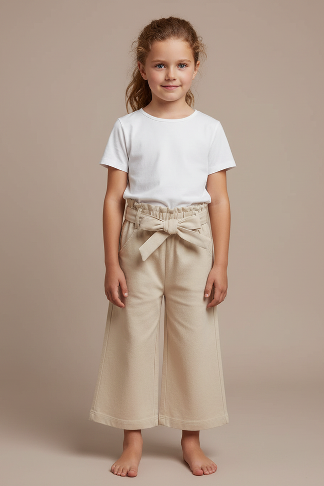 Pantalon Fluide Beige Coton Ample Fille Nœud - Molleton