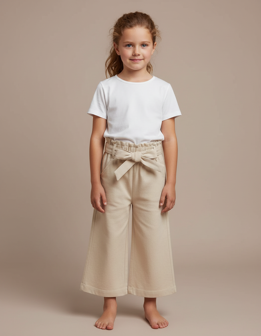 Pantalon Fluide Beige Coton Ample Fille Nœud - Molleton