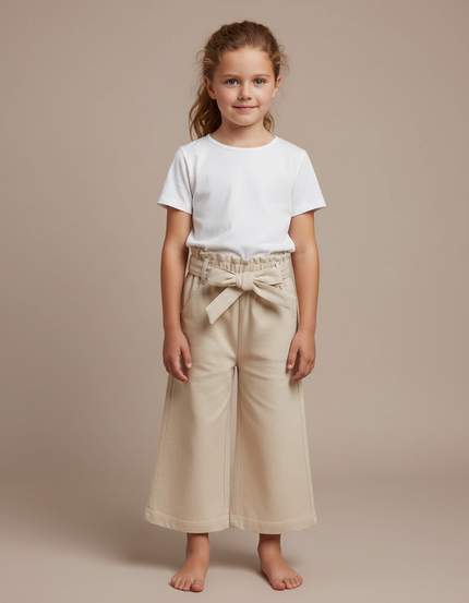 Pantalon Fluide Beige Coton Ample Fille Nœud - Molleton
