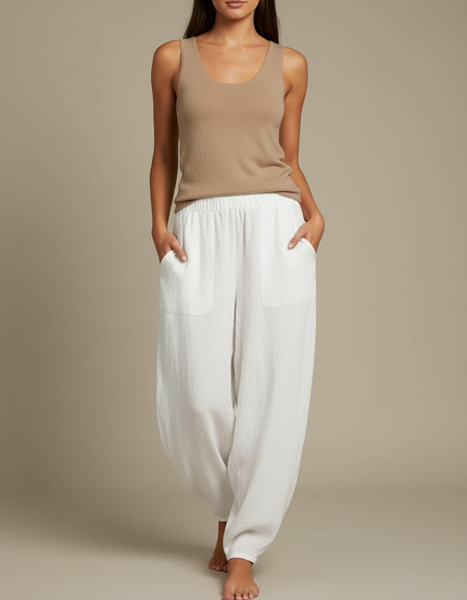 Pantalon Fluide Blanc Ample Lin Confortable Femme