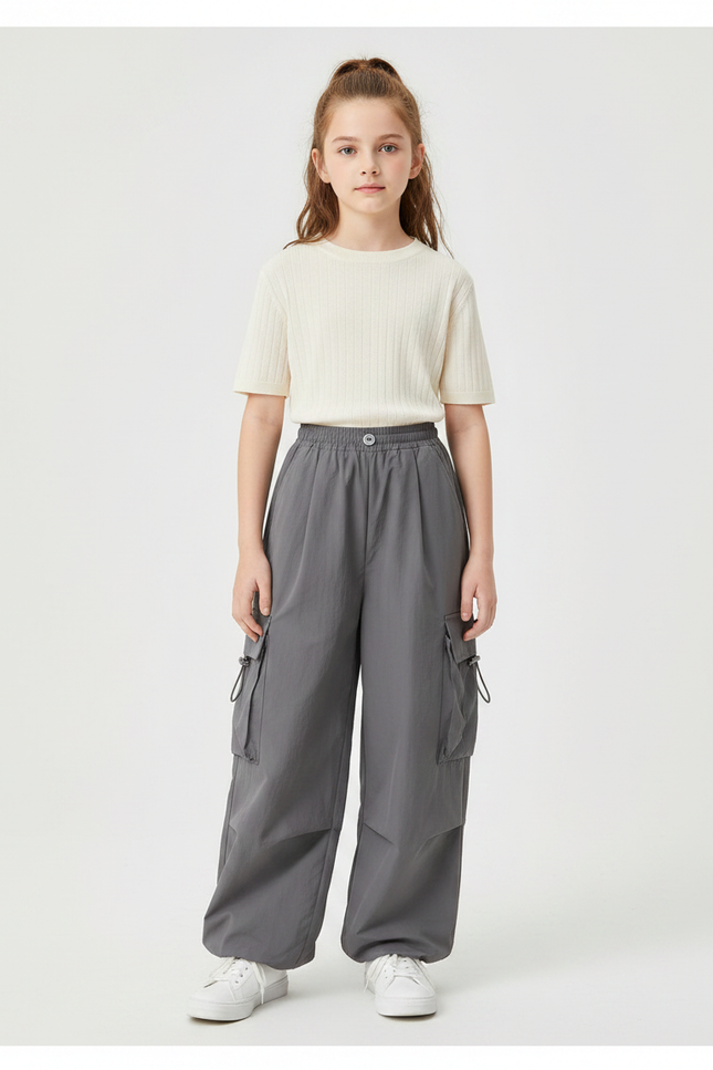Pantalon Fluide Cargo Gris Ample Décontracté Fille - Polyester