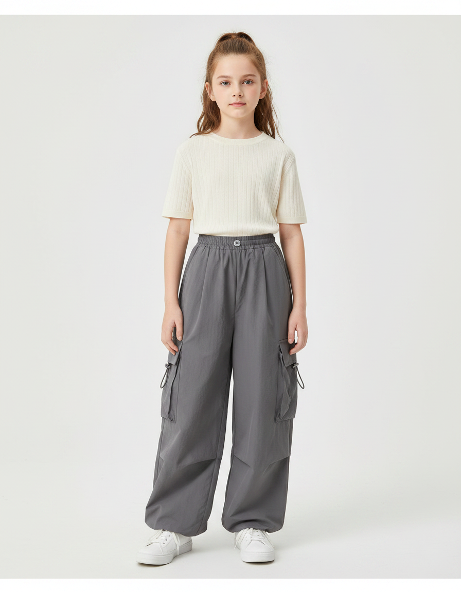 Pantalon Fluide Cargo Gris Ample Décontracté Fille - Polyester