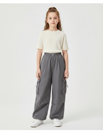 Pantalon Fluide Cargo Gris Ample Décontracté Fille - Polyester