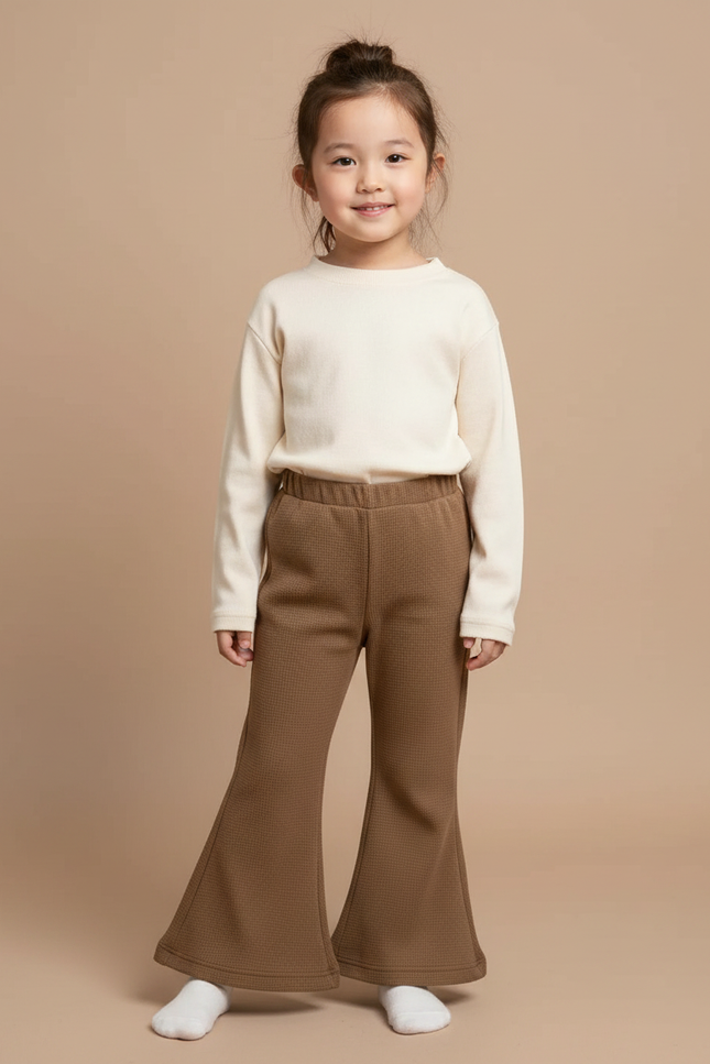 Pantalon Fluide Marron Gaufré Évasé Confortable Fille - Maille