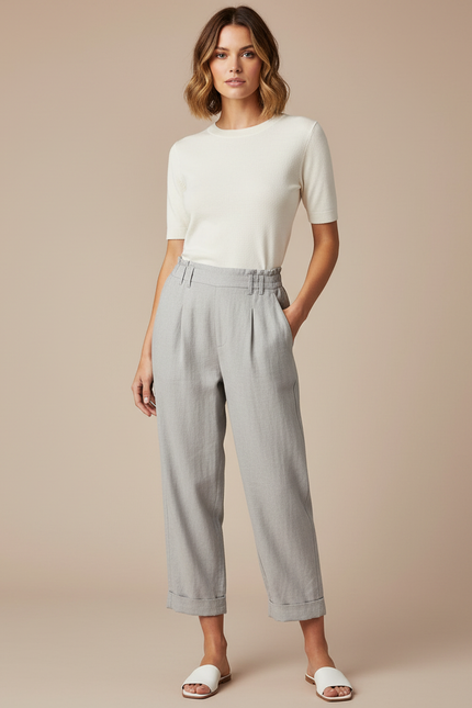 Pantalon Fluide Gris Ample Décontracté Lin Femme