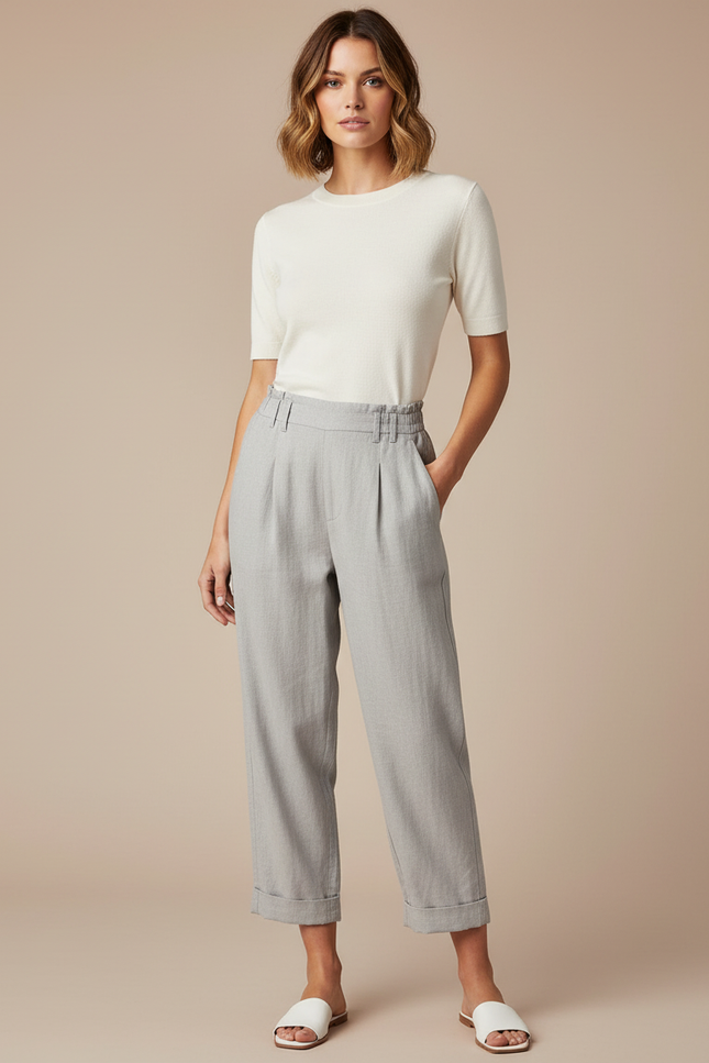 Pantalon Fluide Gris Ample Décontracté Lin Femme