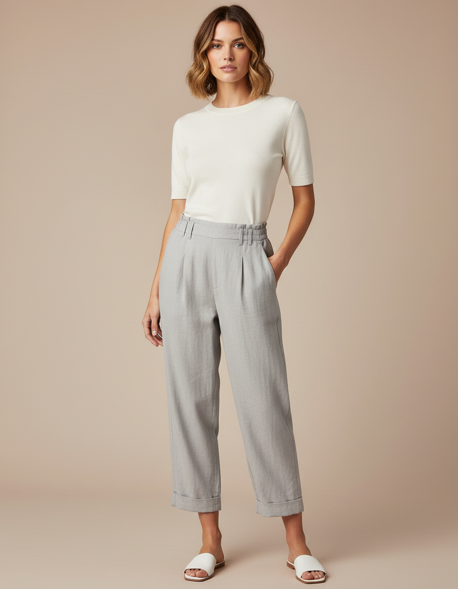 Pantalon Fluide Gris Ample Décontracté Lin Femme