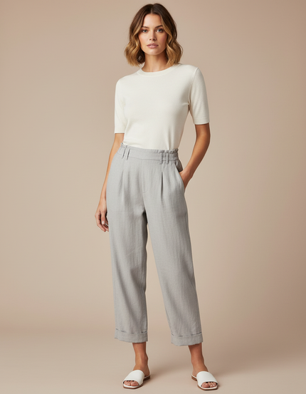 Pantalon Fluide Gris Ample Décontracté Lin Femme