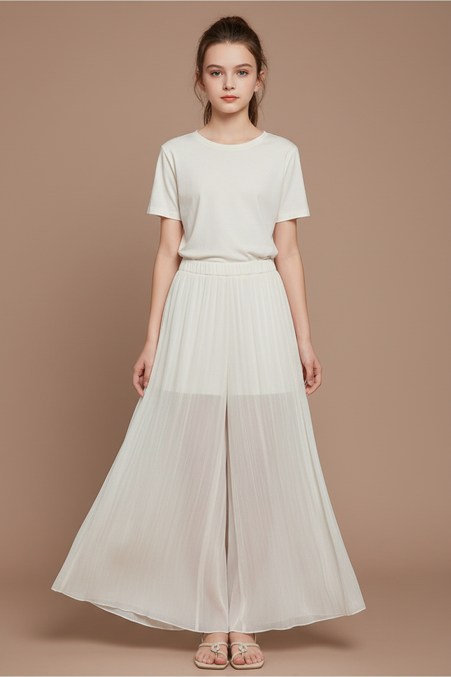 Pantalon Fluide Blanc Plissé Ample Transparent Chic - Polyester