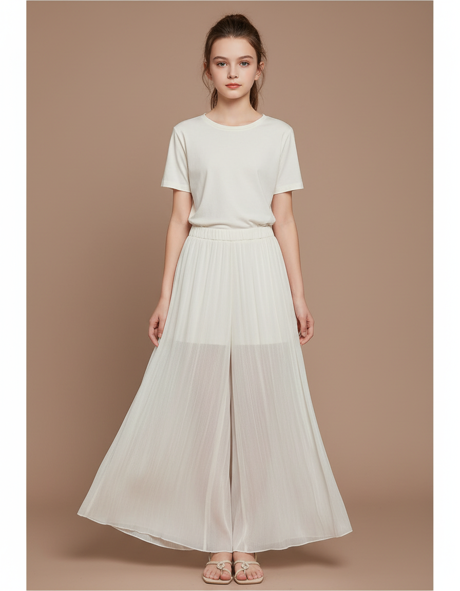 Pantalon Fluide Blanc Plissé Ample Transparent Chic - Polyester
