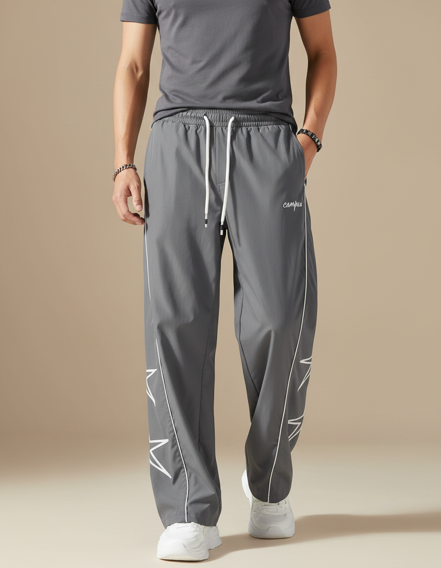 Pantalon Fluide Homme Gris Ample Décontracté Streetwear - Polyester