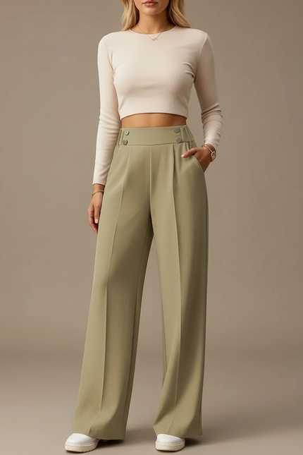 Pantalon Fluide Vert Ample Taille Haute Élégant - Polyester