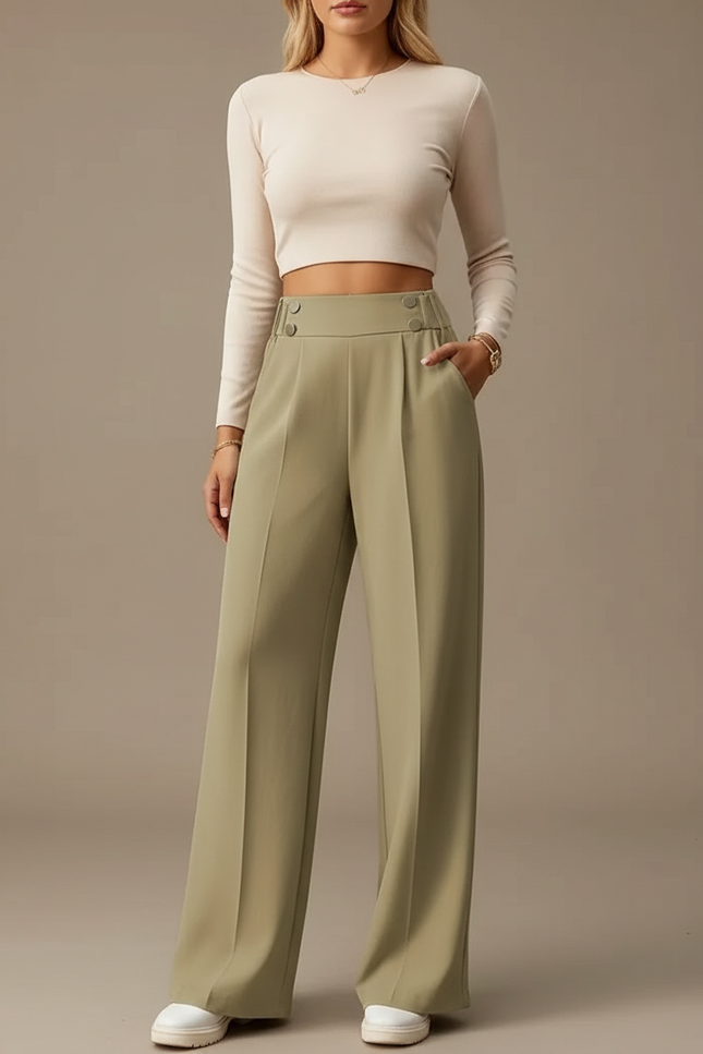 Pantalon Fluide Vert Ample Taille Haute Élégant - Polyester