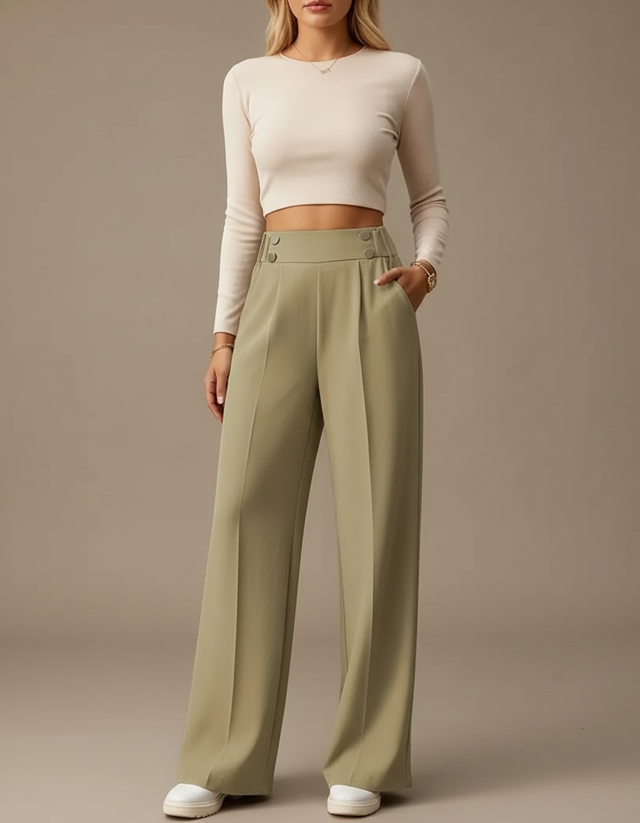 Pantalon Fluide Vert Ample Taille Haute Élégant - Polyester