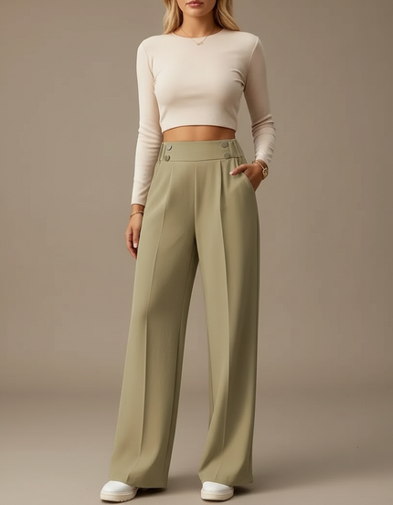 Pantalon Fluide Vert Ample Taille Haute Élégant - Polyester